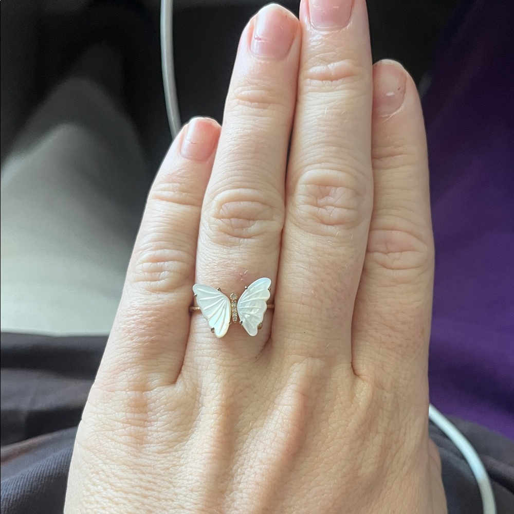 White Butterfly Open Ring with Gold Accents